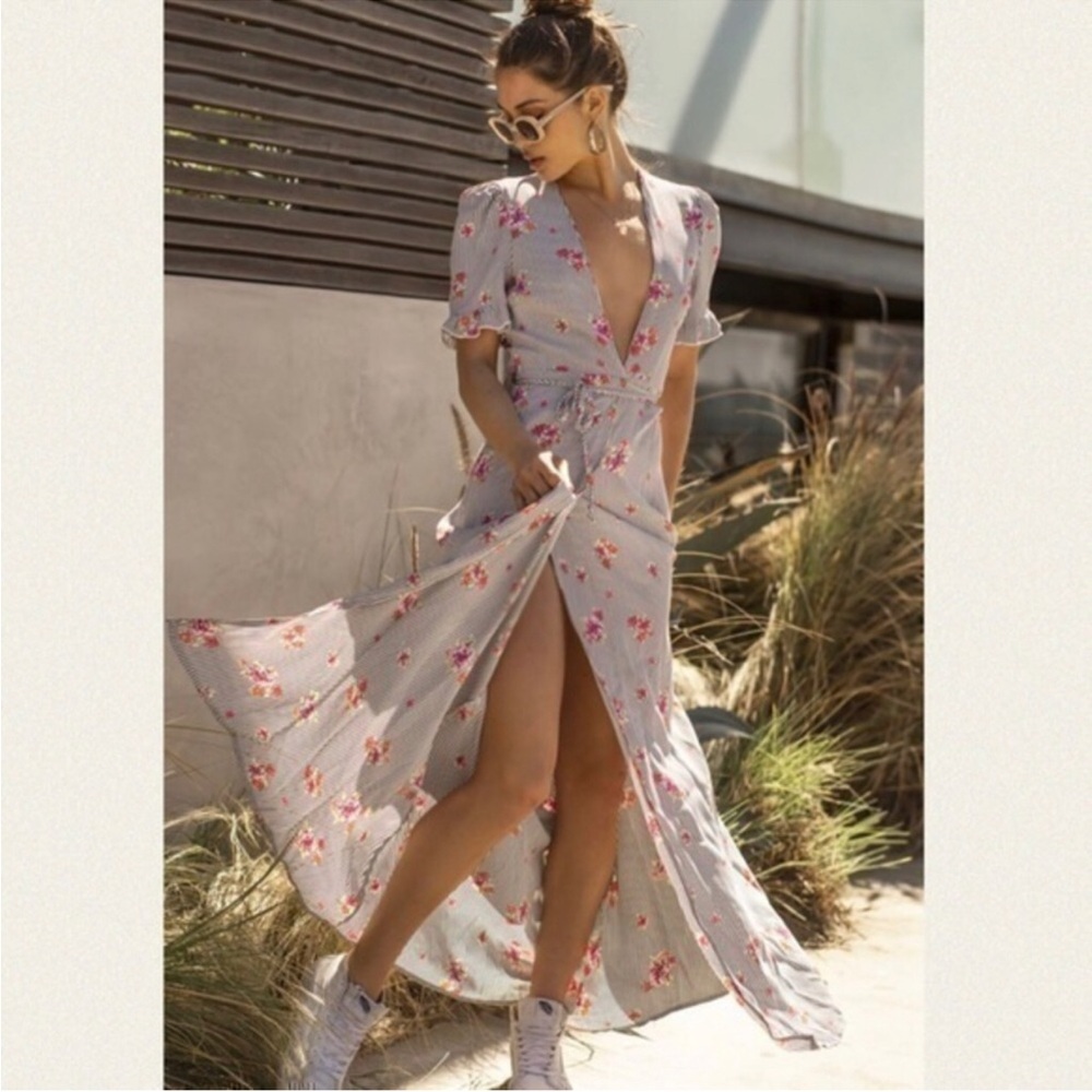 Flynn Skye Celeste Maxi Wrap Dress Size S Striped Floral Gray White Red Plunge